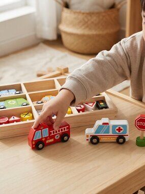 Montessori Wooden Transportation Vehicles & Road Signs Toy Set New